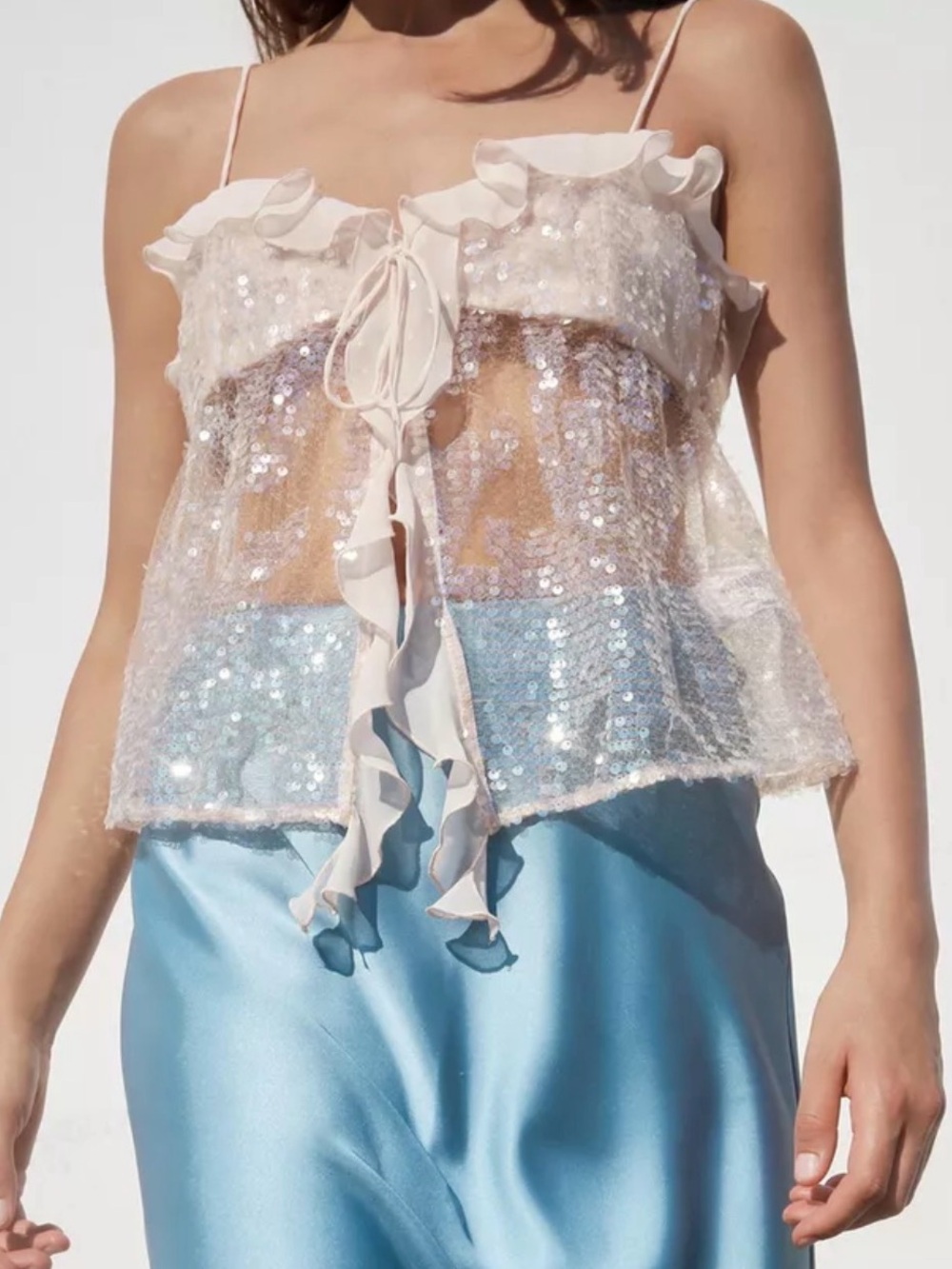 ZARA Sequinned Sheer Camisole Top Beige-pink Women size Large Ruffles Front tie
